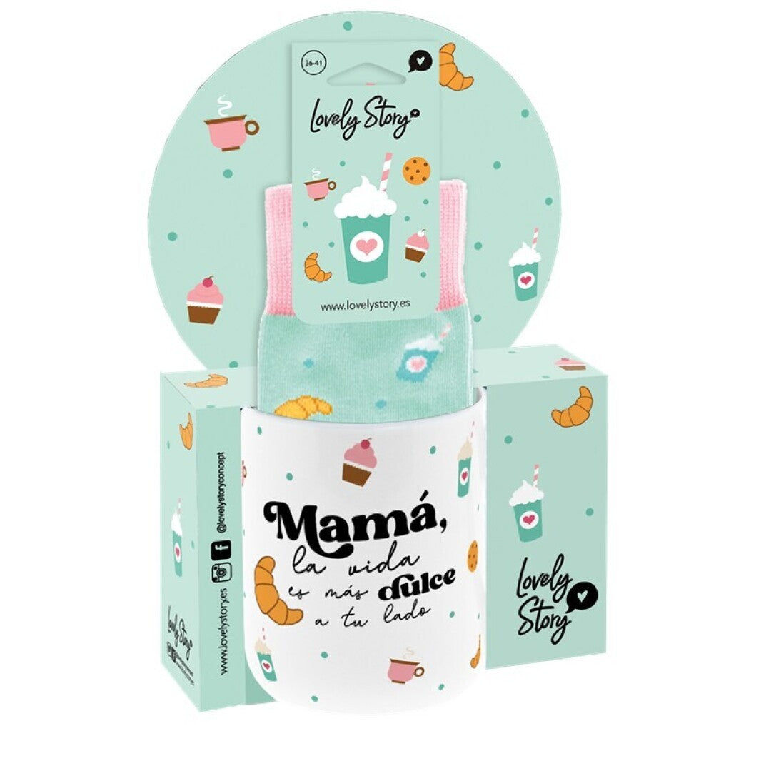 PACK TAZA Y CALCETINES - TAZA MAMÁ, LA VIDA ES MÁS DULCE A TU LADO + CALCETINES YUMMY