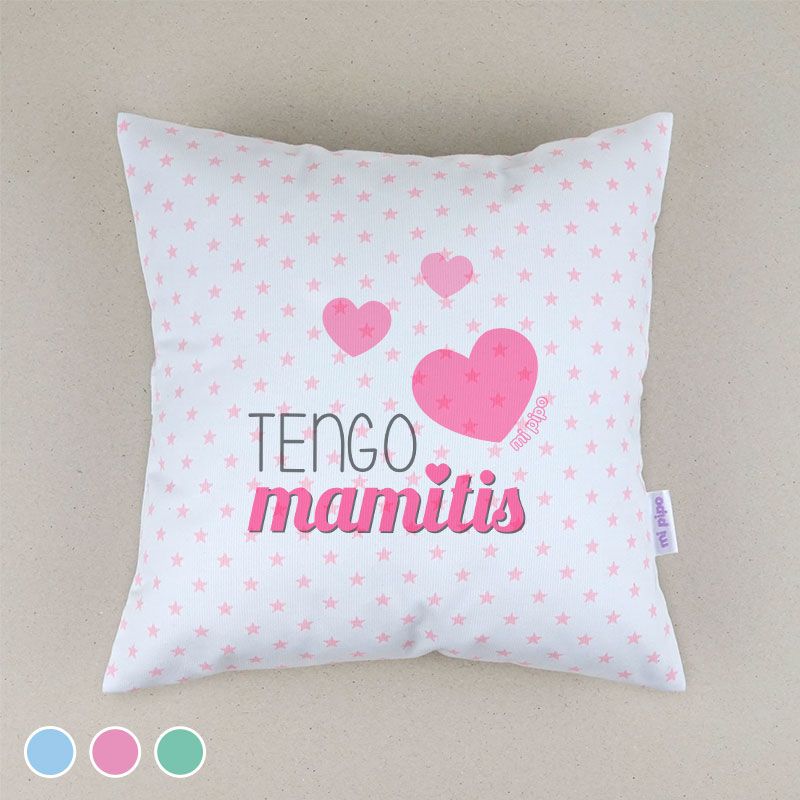 Cojín Tengo Mamitis Menta, Azul o Rosa