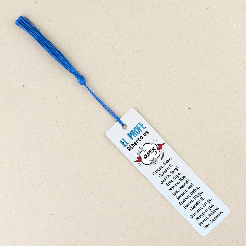 Marcapáginas Personalizado el Profe (nombre) es súper azul (texto alumnos)