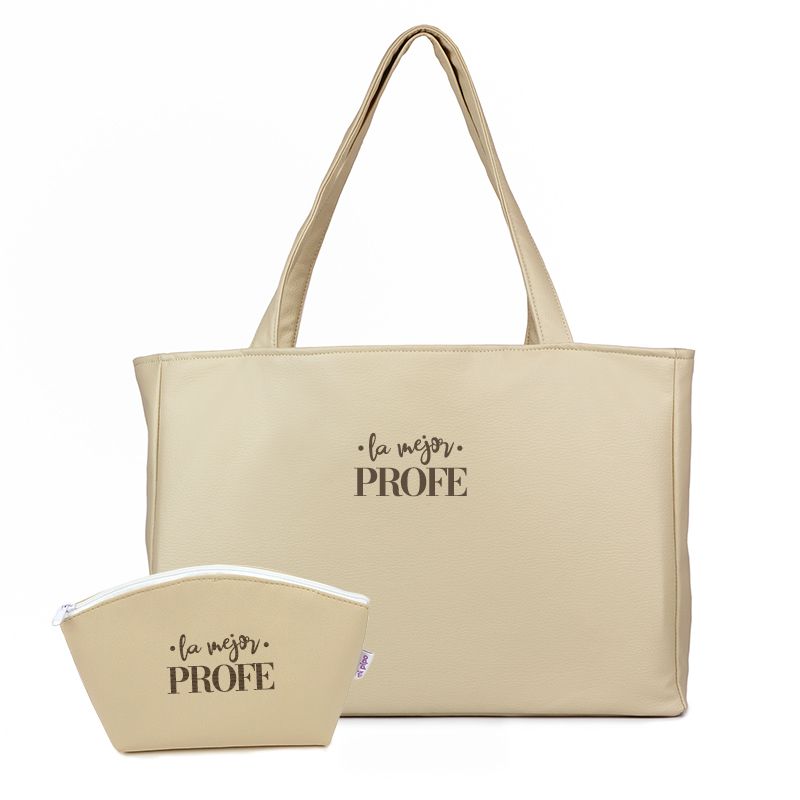 Pack Bolso Shopper + Neceser polipiel Beige La mejor Profe/Seño