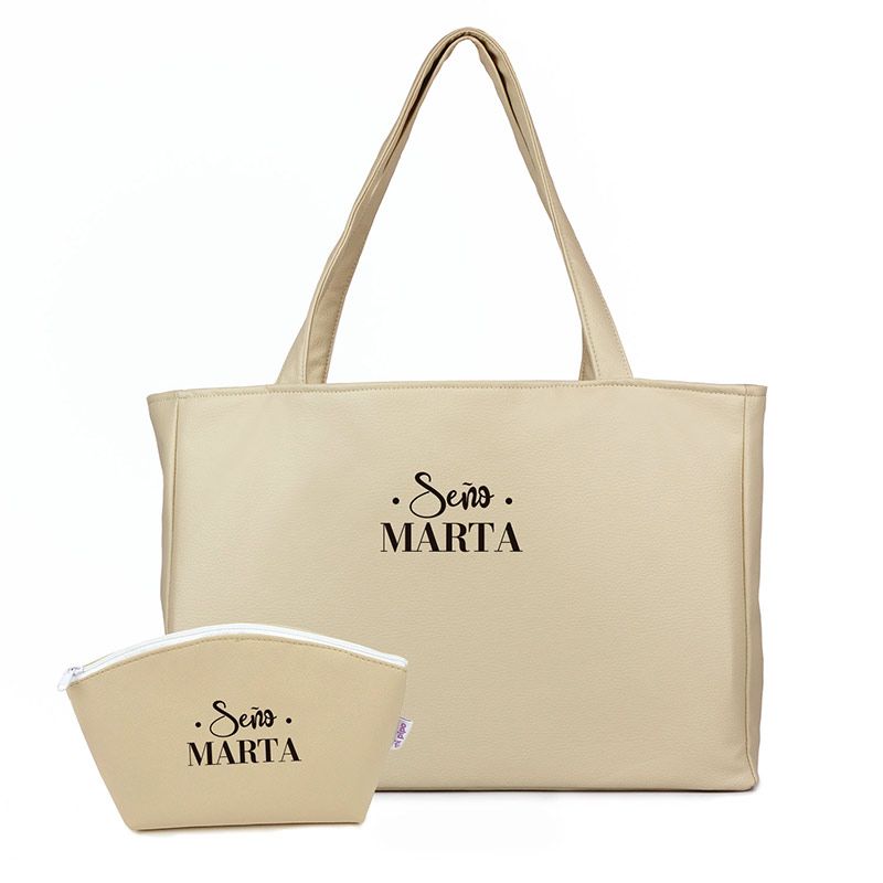 Pack Bolso Shopper + Neceser polipiel Beige Profe/Seño + Nombre