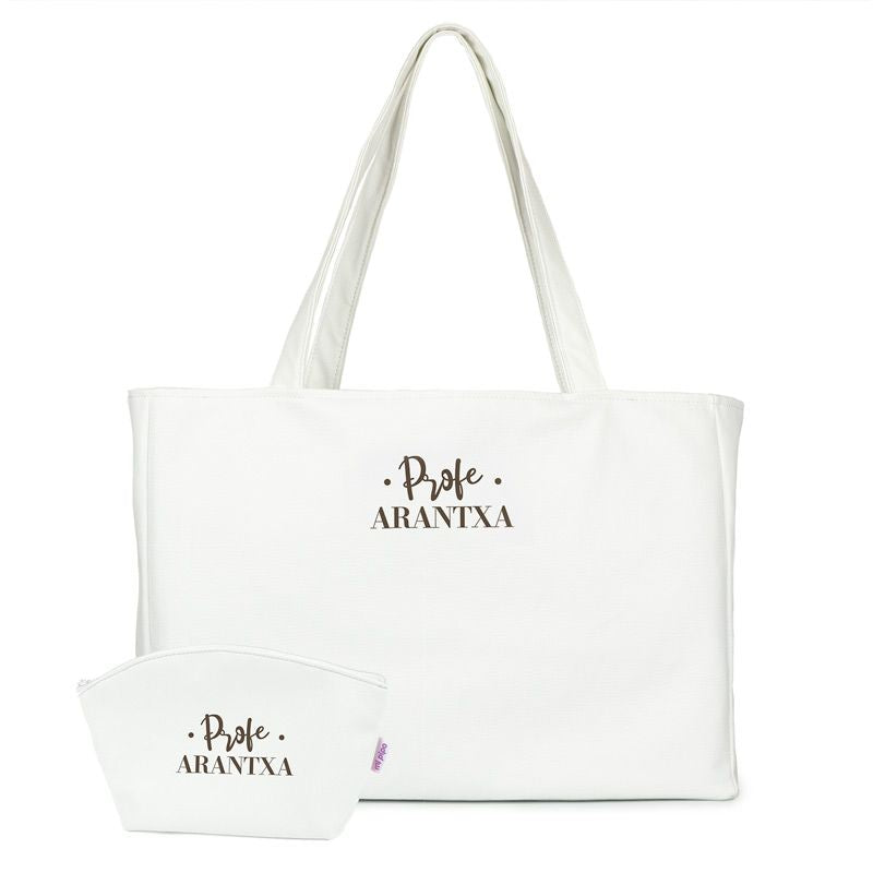 Pack Bolso Shopper + Neceser polipiel Blanco Profe/Seño + Nombre