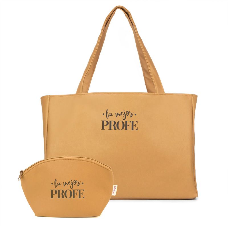 Pack Bolso Shopper + Neceser polipiel Camello La mejor Profe/Seño