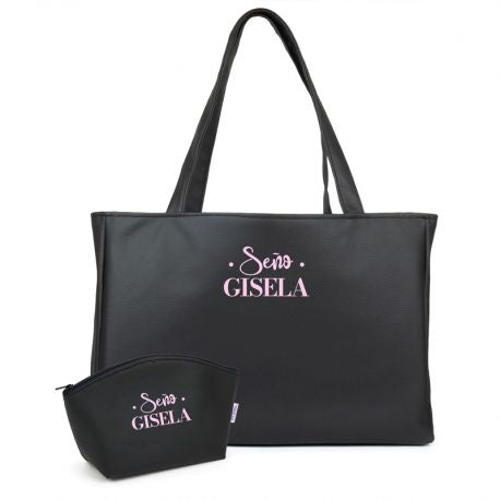 Pack Bolso Shopper + Neceser polipiel Negro Profe/Seño + Nombre