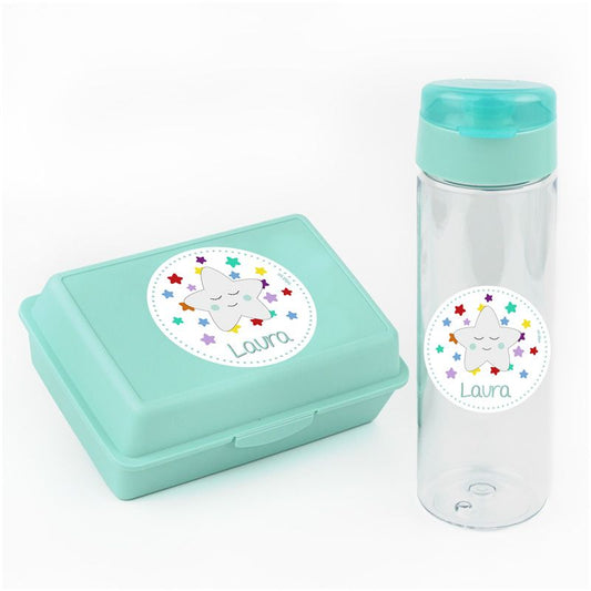 Pack Botella 600ml + Cajita Porta Alimentos Estrella Sonrisa Menta personalizadas