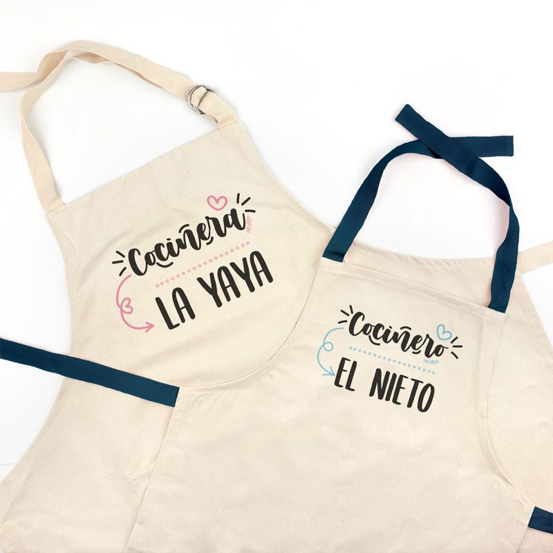 Pack Delantal Abuela y Delantal Nieto/a Azul Divertido Cocinera la Abuela, cocinero el nieto