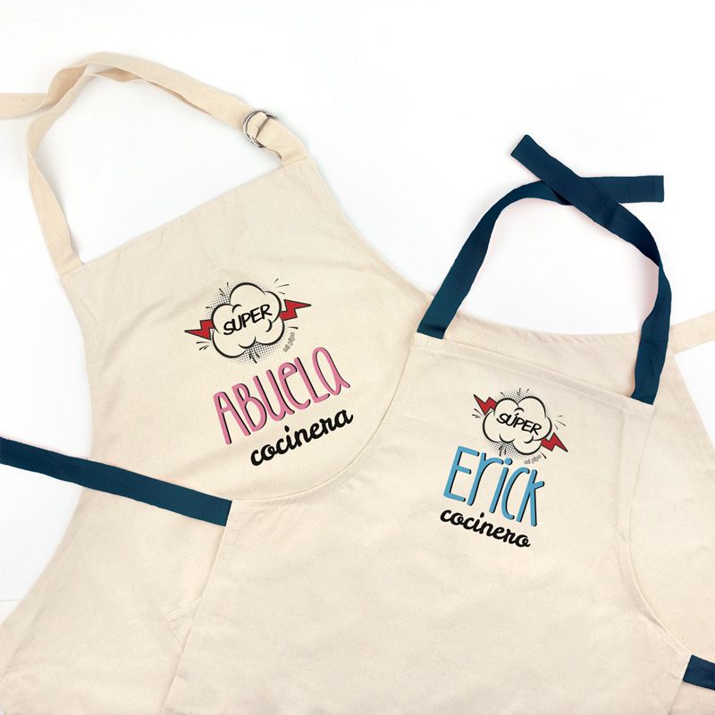 Pack Delantal Abuela y Delantal Nieto/a Azul Personalizado Súper Abuela y Súper (nombre) cocinero