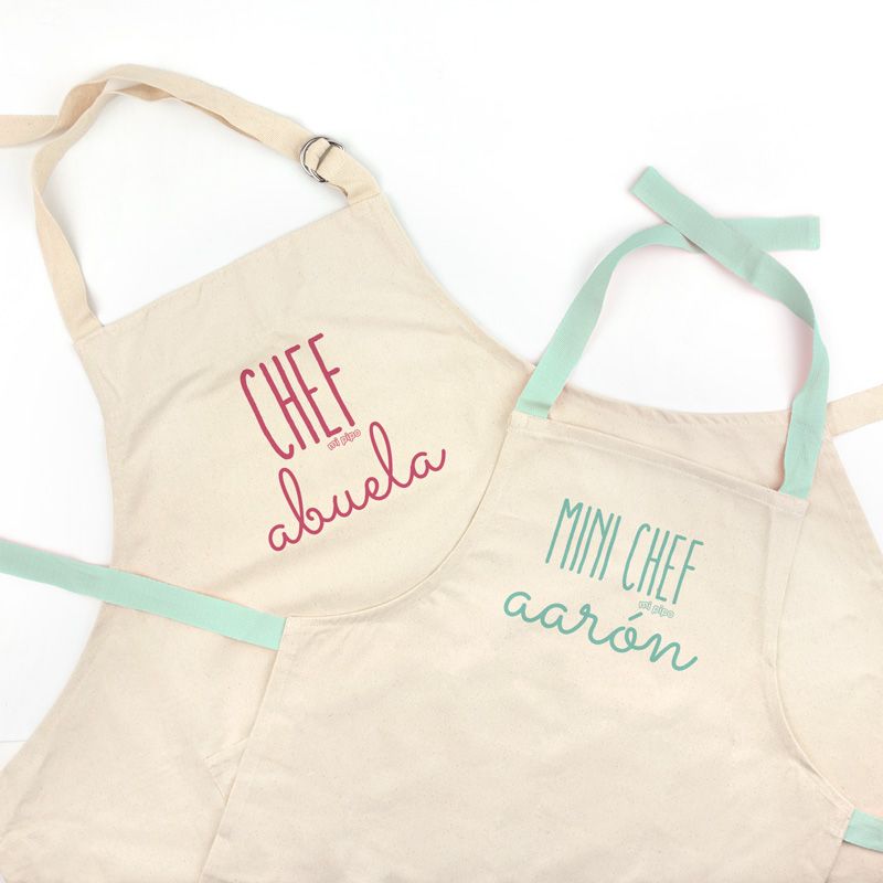 Pack Delantal Abuela y Delantal Nieto/a Menta Personalizado Chef Abuela, mini chef (nombre)