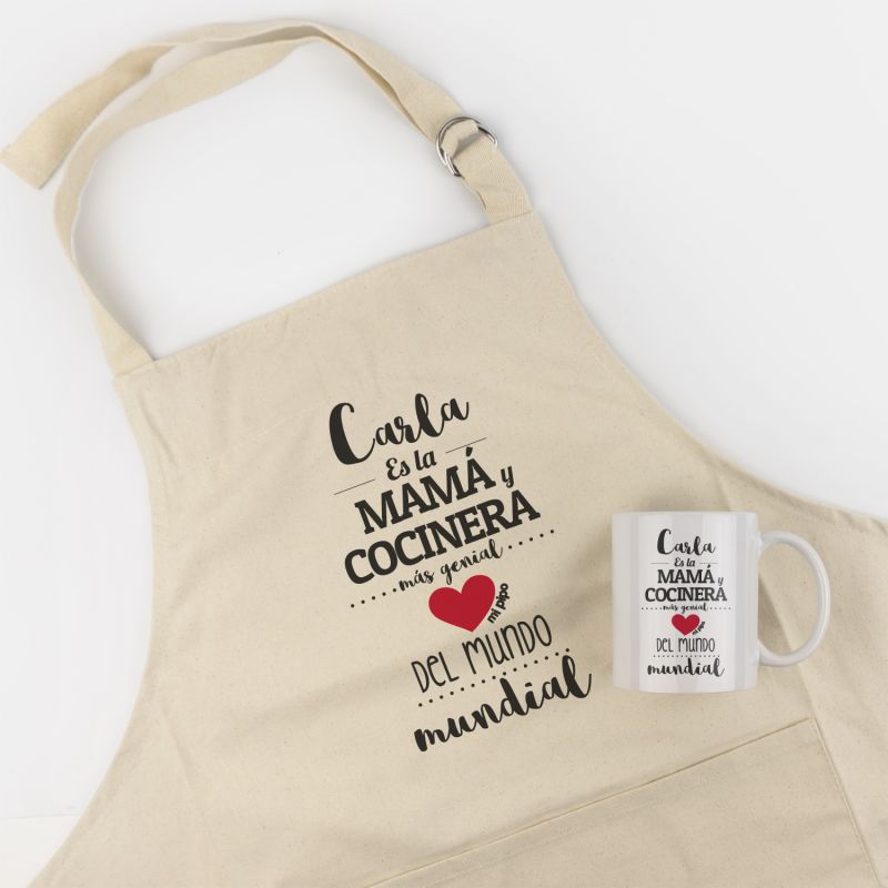 Pack Delantal Mamá + Taza (Nombre) Eres la Mamá y Cocinera más genial del Mundo mundial