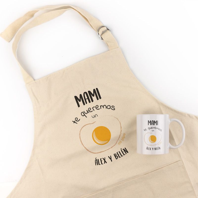 Pack Delantal Mamá + Taza Personalizado Mami te queremos un huevo (nombres)