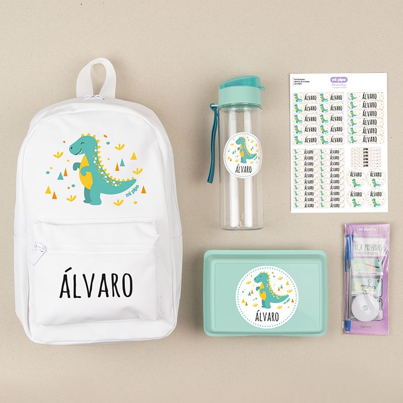 Pack Mi Equipo para el Cole con Mochila Dinosaurio personalizado + Regalo Marcaprendas