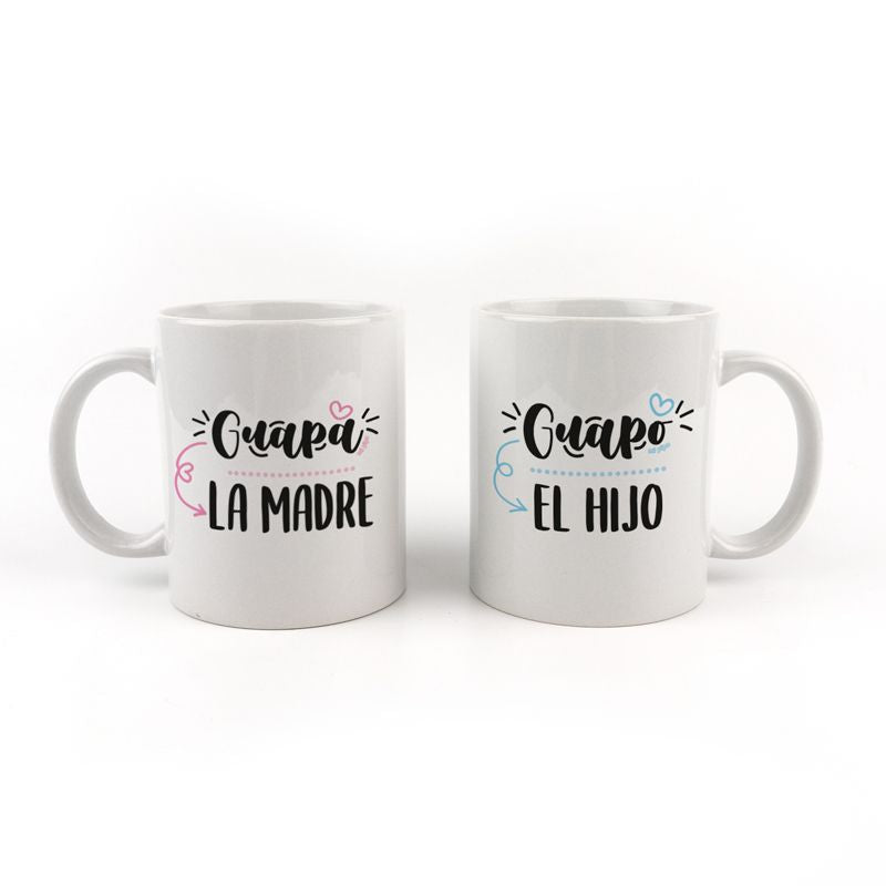 Pack Tazas cerámica o plástico Guapa la Madre, Guapo el Hijo
