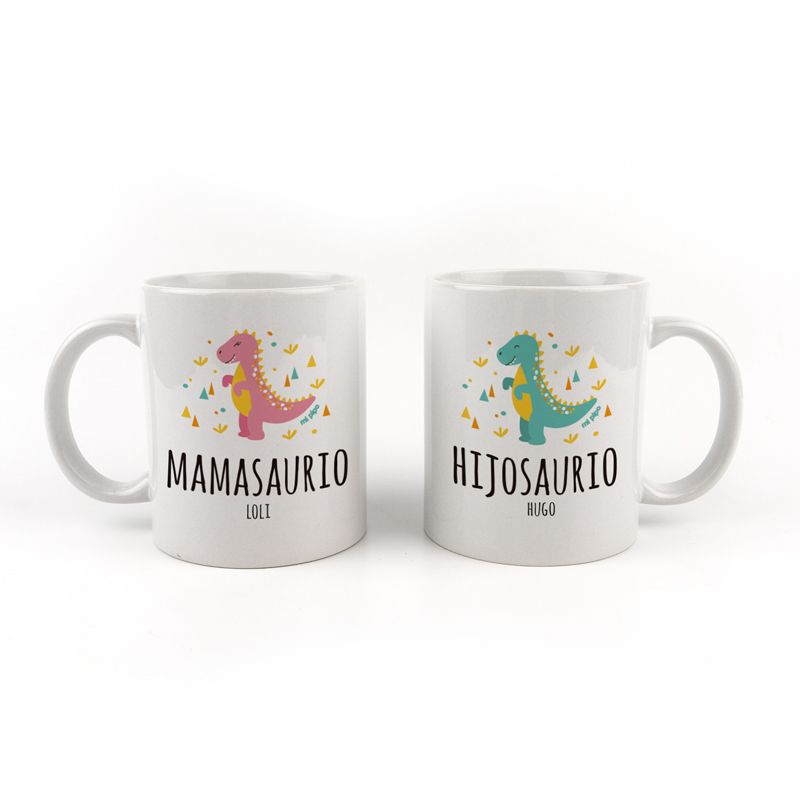 Pack Tazas cerámica o plástico Personalizada Mamasuario, Hijosaurio