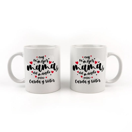 Taza cerámica o plástico Mamá Soy la mejor mamá del mundo para corazones lunares personalizada