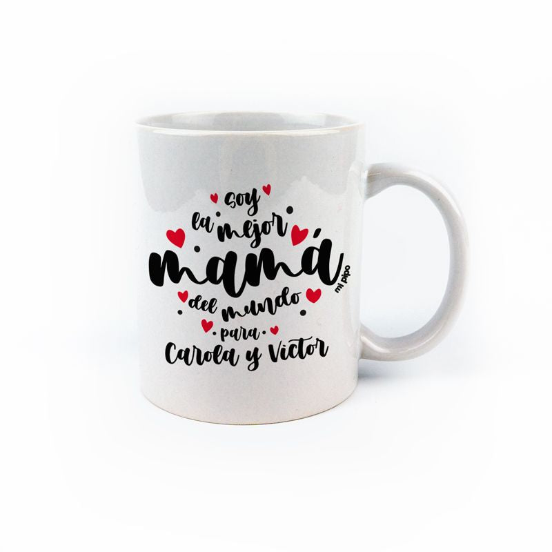 Taza cerámica o plástico Mamá Soy la mejor mamá del mundo para corazones lunares personalizada