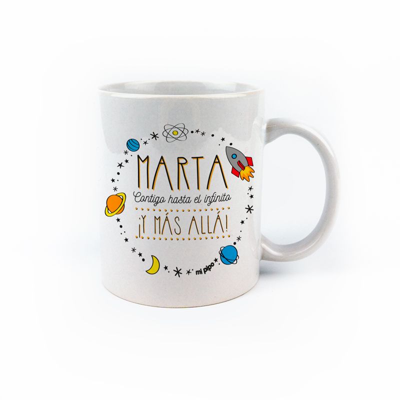 Taza cerámica o plástico (Nombre) contigo hasta el Infinito ¡y más allá! personalizada