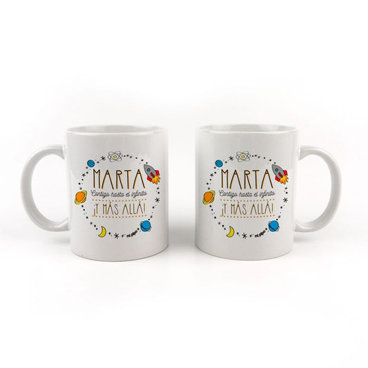 Taza cerámica o plástico (Nombre) contigo hasta el Infinito ¡y más allá! personalizada