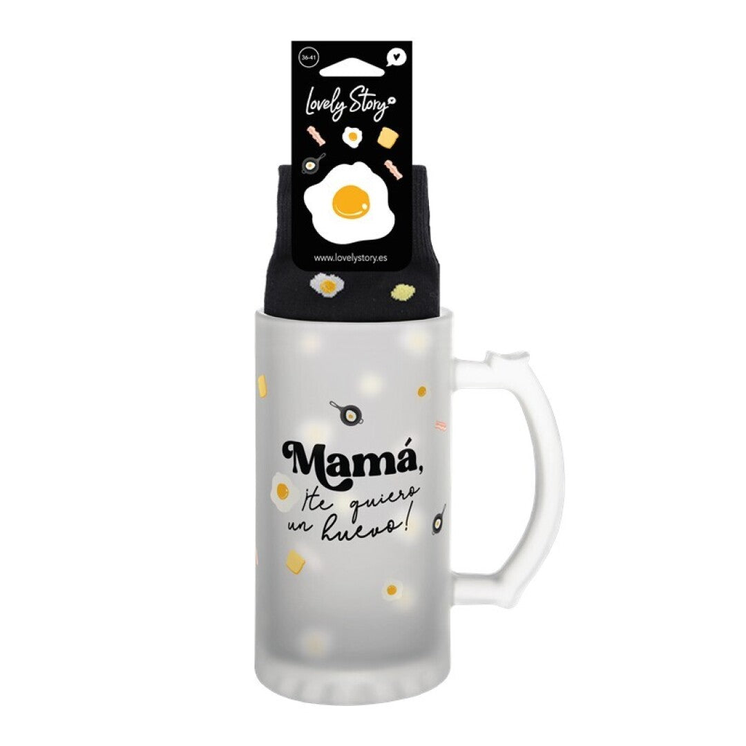 PACK JARRA DE CERVEZA Y CALCETINES - JARRA MAMÁ, TE QUIERO UN HUEVO + CALCETINES EGG