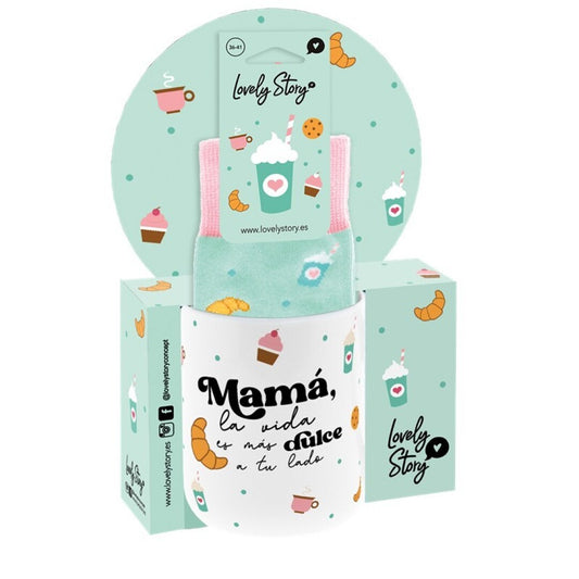 PACK TAZA Y CALCETINES - TAZA MAMÁ, LA VIDA ES MÁS DULCE A TU LADO + CALCETINES YUMMY