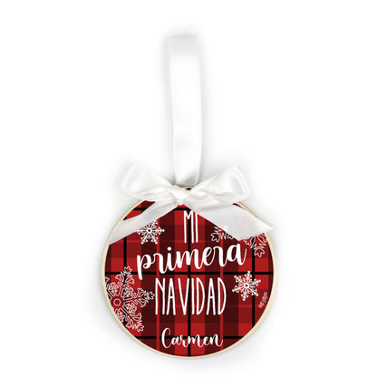 Bola Navidad MADERA Cuadros Rojos o Verdes, Mi primera Navidad personalizada
