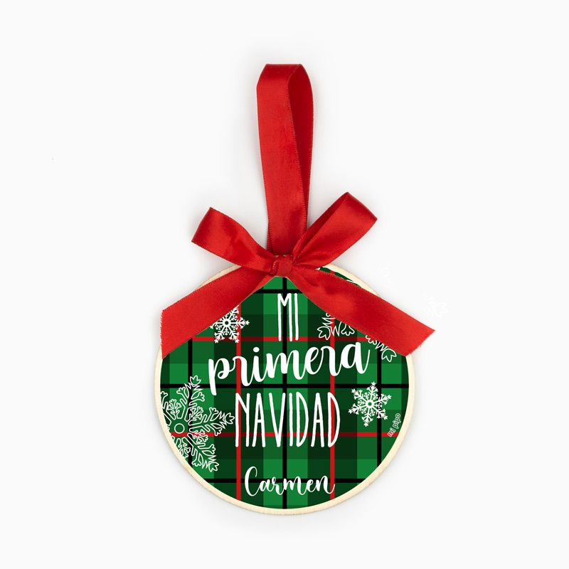 Bola Navidad MADERA Cuadros Rojos o Verdes, Mi primera Navidad personalizada