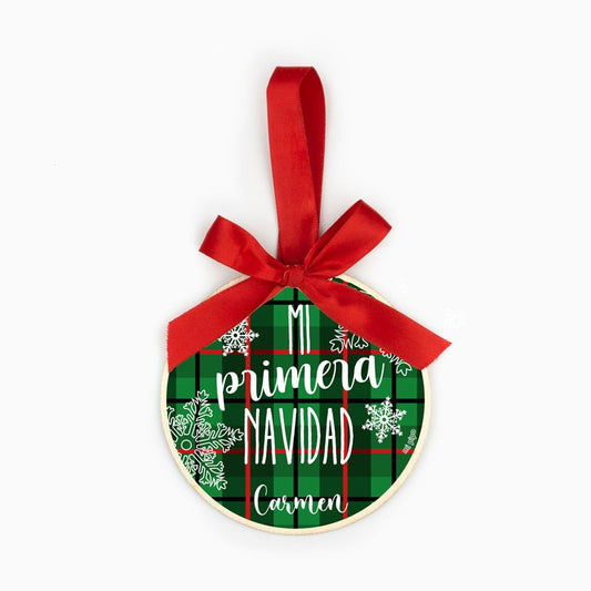 Bola Navidad MADERA Cuadros Rojos o Verdes, Mi primera Navidad personalizada