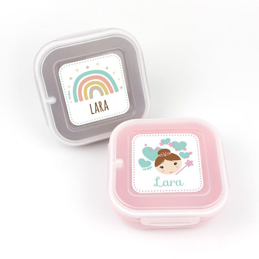 Pack 2 Fiambreras herméticas personalizadas, Arcoíris Soft y Hada, color Topo y Rosa