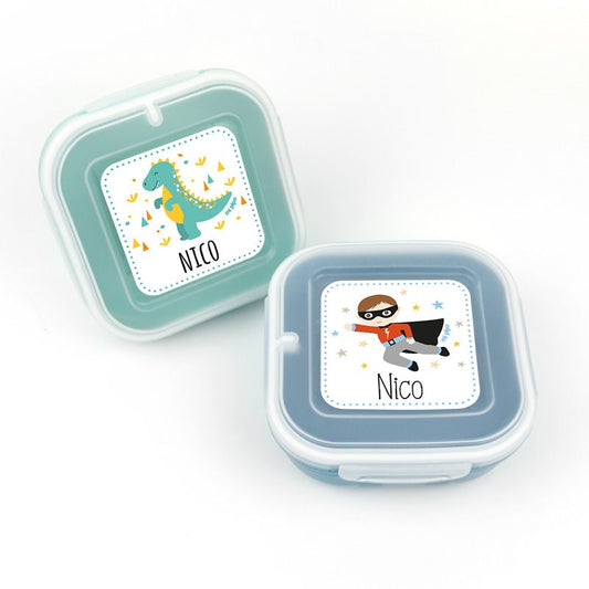 Pack 2 Fiambreras herméticas personalizadas, Dino y Superhéroe, color Menta y Azul