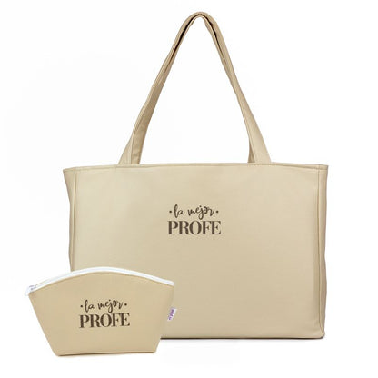 Pack Bolso Shopper + Neceser polipiel Beige La mejor Profe/Seño