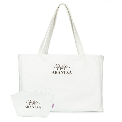 Pack Bolso Shopper + Neceser polipiel Blanco Profe/Seño + Nombre
