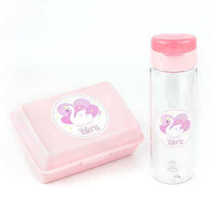 Pack Botella 600ml + Cajita Porta Alimentos Cisne Rosa personalizadas