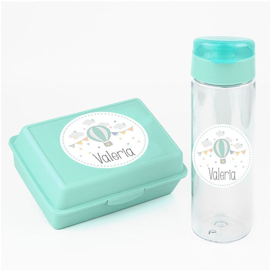 Pack Botella 600ml + Cajita Porta Alimentos Globo Menta personalizadas