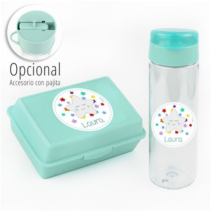 Pack Botella 600ml + Cajita Porta Alimentos Estrella Sonrisa Menta personalizadas