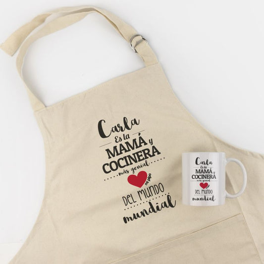 Pack Delantal Mamá + Taza (Nombre) Eres la Mamá y Cocinera más genial del Mundo mundial