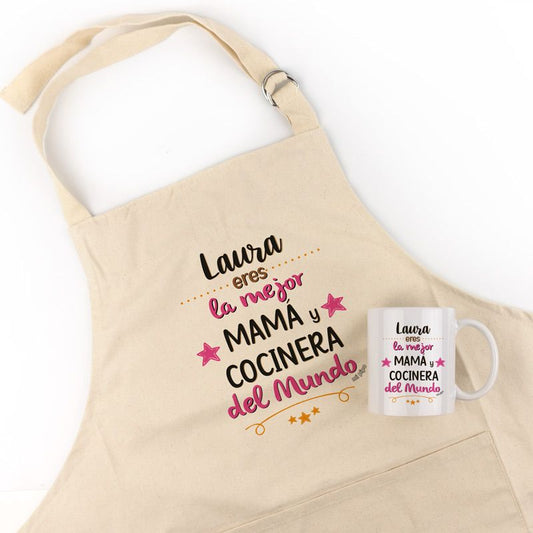 Pack Delantal Mamá + Taza (Nombre) Eres la mejor Mamá y Cocinera del Mundo