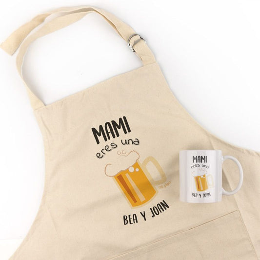 Pack Delantal Mamá + Taza Personalizado Mami eres la Caña (nombres)