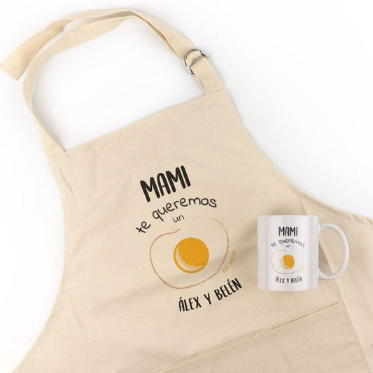 Pack Delantal Mamá + Taza Personalizado Mami te queremos un huevo (nombres)