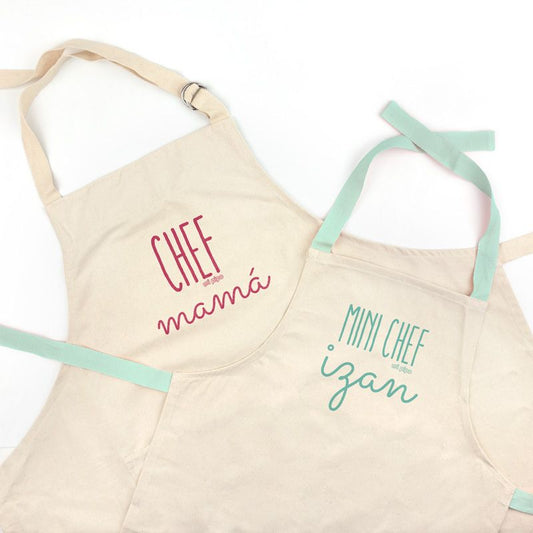 Pack Delantal Mamá y Delantal Niño/a Menta Personalizado Chef mamá, mini chef (nombre)