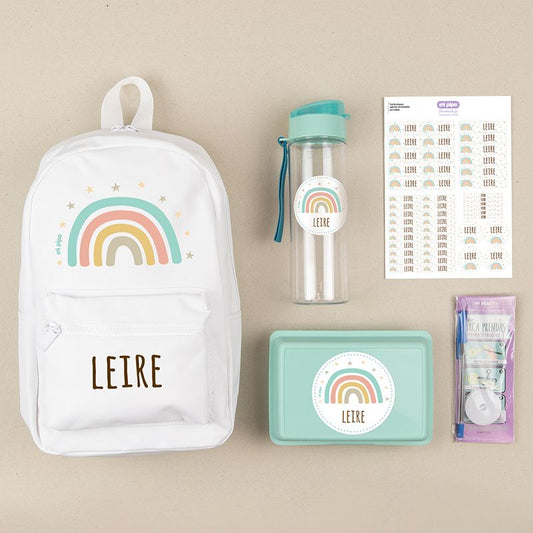 Pack Mi Equipo para el Cole con Mochila Arcoíris Soft personalizado + Regalo Marcaprendas