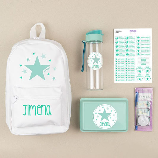 Pack Mi Equipo para el Cole con Mochila Estrella Menta personalizado + Regalo Marcaprendas