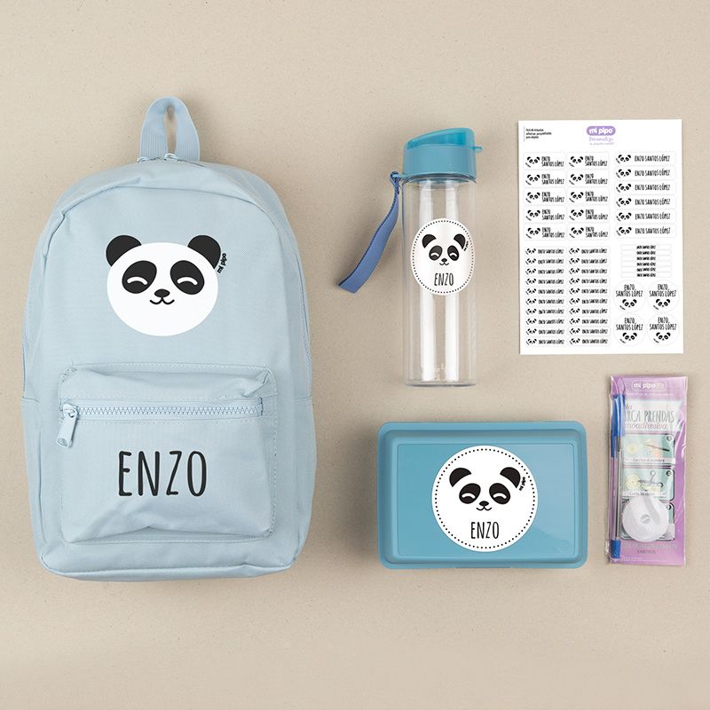 Pack Mi Equipo para el Cole con Mochila Panda Azul personalizado + Regalo Marcaprendas