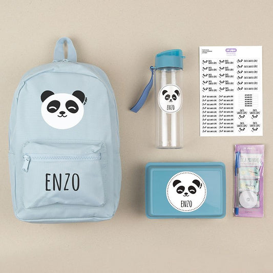 Pack Mi Equipo para el Cole con Mochila Panda Azul personalizado + Regalo Marcaprendas