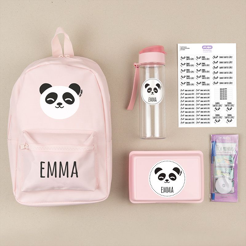 Pack Mi Equipo para el Cole con Mochila Panda Rosa personalizado + Regalo Marcaprendas