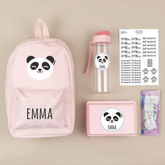 Pack Mi Equipo para el Cole con Mochila Panda Rosa personalizado + Regalo Marcaprendas