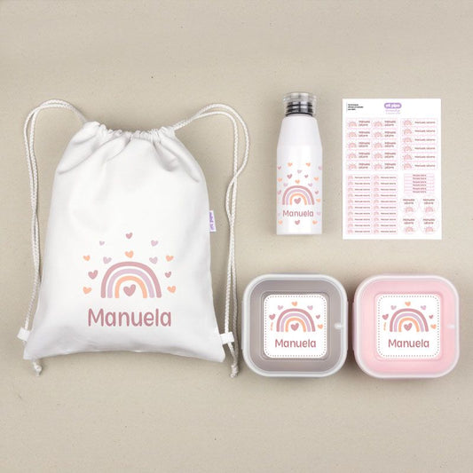 NUEVO Pack Mi Equipo para el Cole con Petate Arcoíris Blush personalizado + Regalo Etiquetas objetos