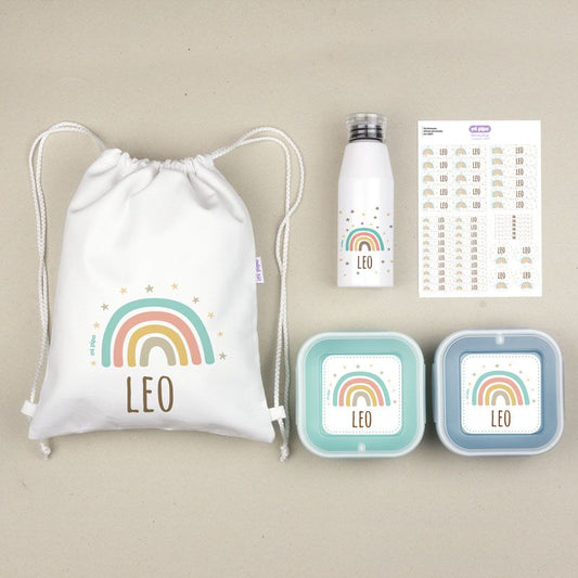 NUEVO Pack Mi Equipo para el Cole con Petate Arcoíris Soft personalizado + Regalo Etiquetas objetos