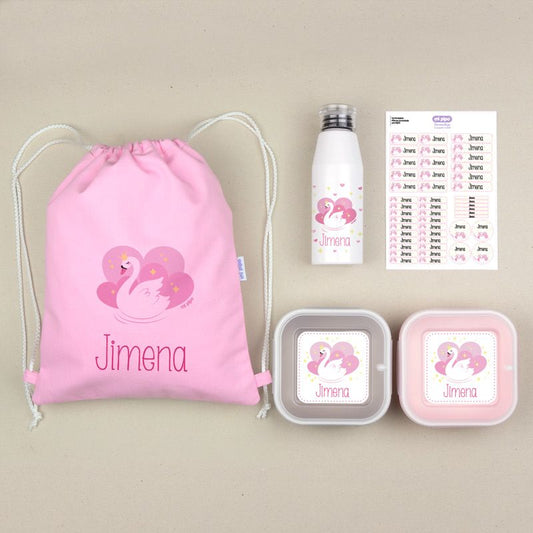 NUEVO Pack Mi Equipo para el Cole con Petate Cisne personalizado + Regalo Etiquetas objetos