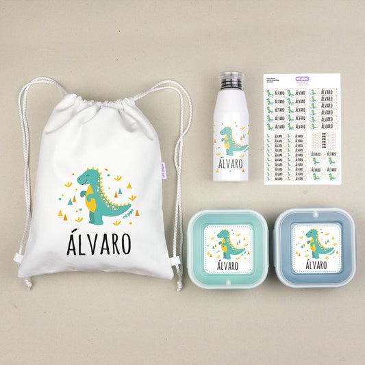 NUEVO Pack Mi Equipo para el Cole con Petate Dinosaurio personalizado + Regalo Etiquetas objetos