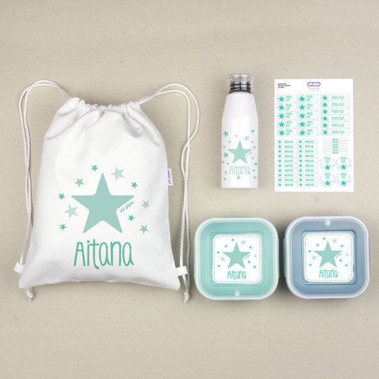 NUEVO Pack Mi Equipo para el Cole con Petate Estrella Menta personalizado + Regalo Etiquetas objetos