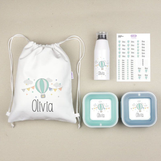NUEVO Pack Mi Equipo para el Cole con Petate Globo personalizado + Regalo Etiquetas objetos